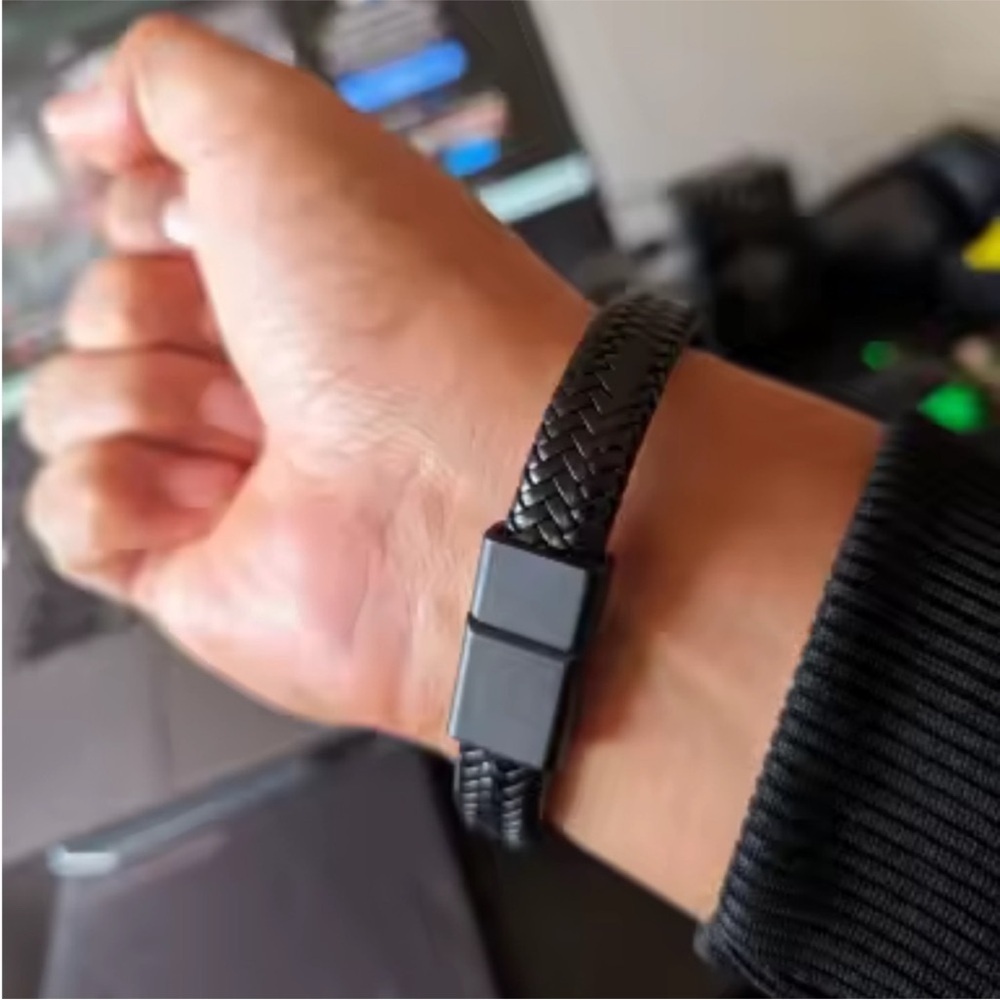 Men's Black Braided Leather Bracelet - Picture 8 of 10